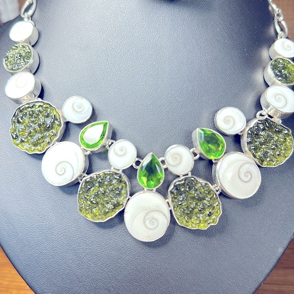 Moldavite, Peridot And Fossil Shell Sterling Silver Statement Necklace - Picture 2 of 6
